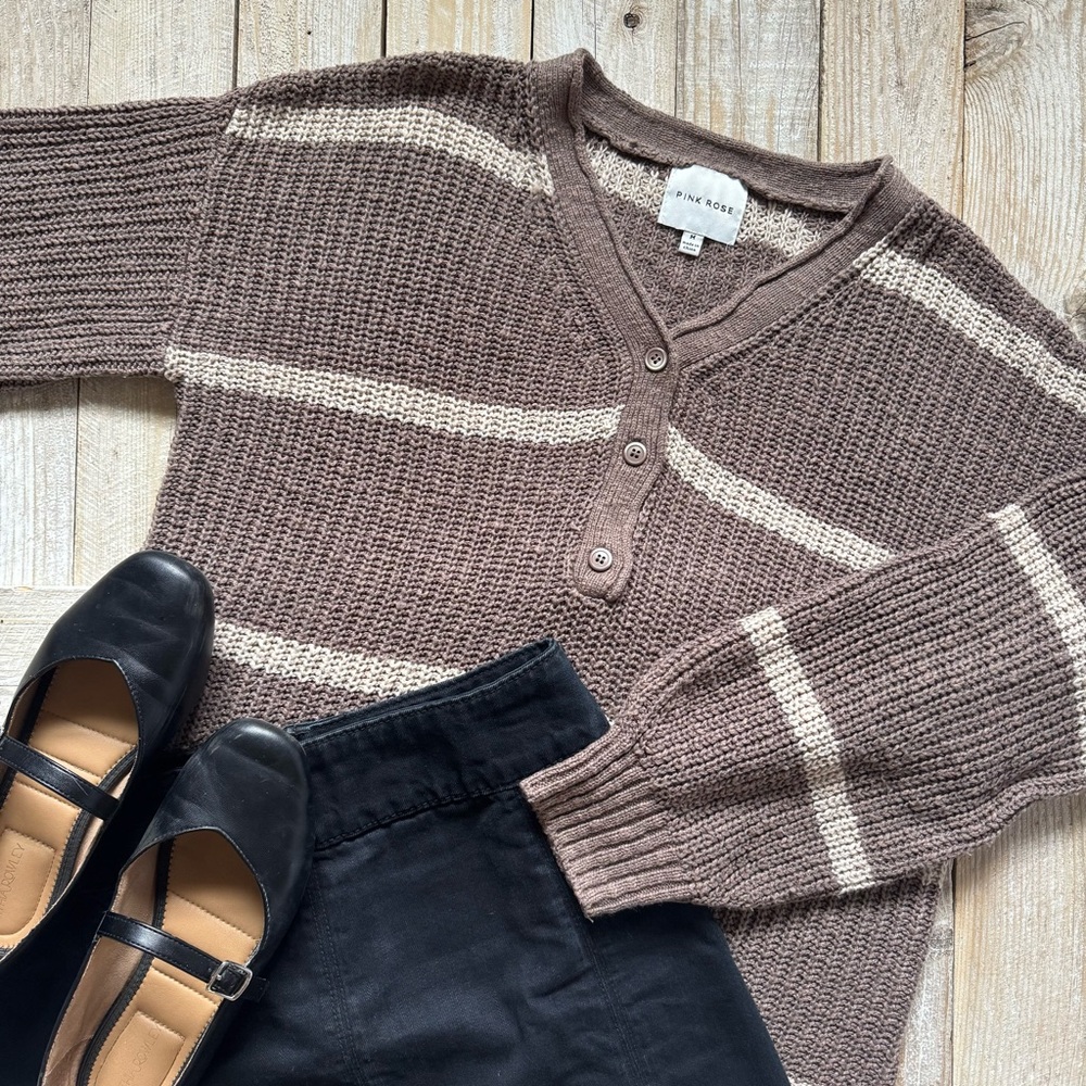 Striped Knit Cotton Blend Henley Tunic Sweater